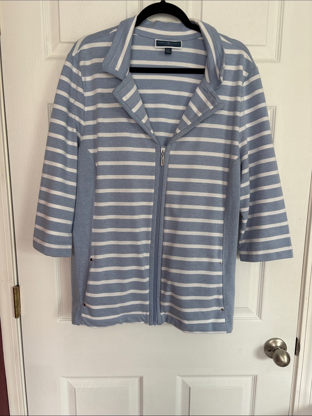 Karen Scott Light Blue and White Striped Zip Jacket